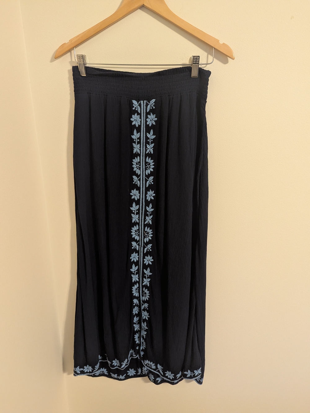 Soft Surroundings Navy Maxi Skirt with Light Blue Floral Embroidery